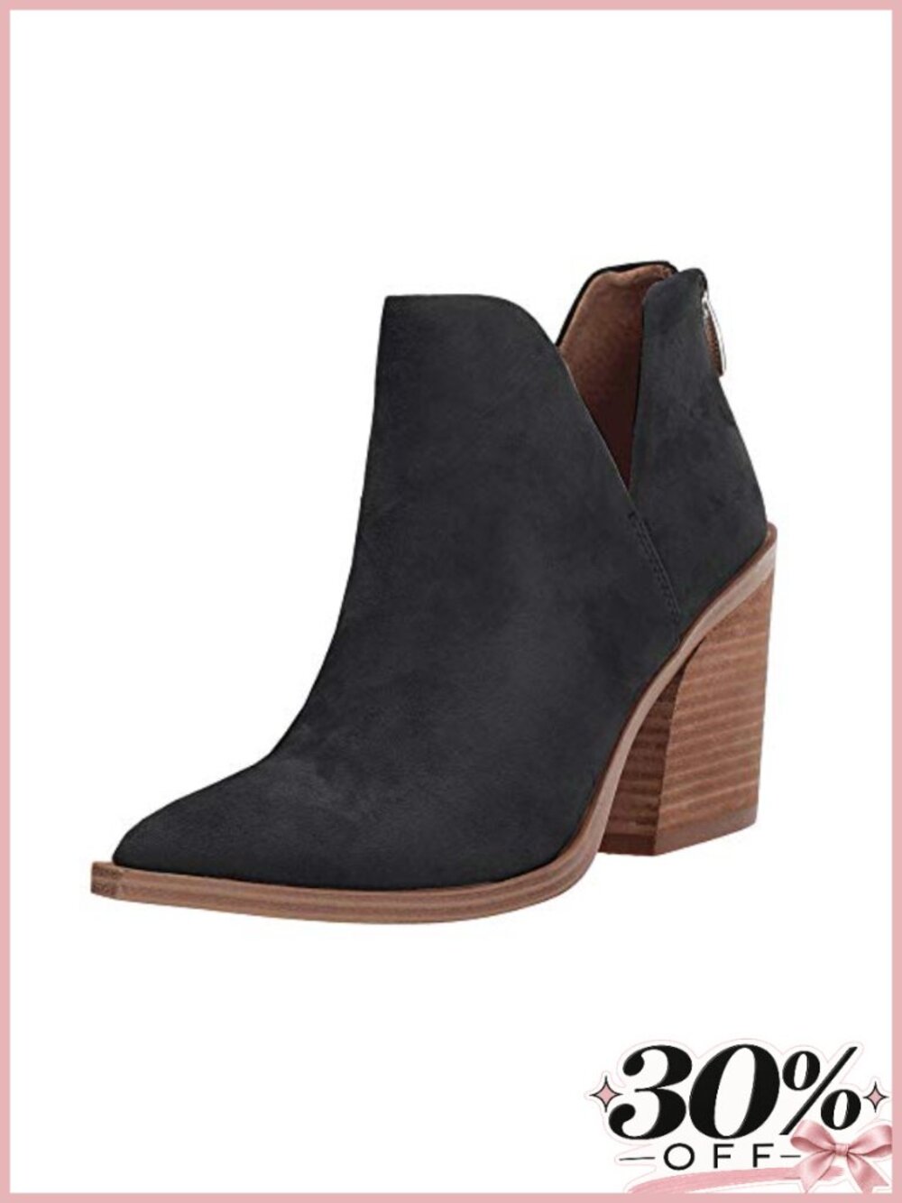 Pointed Toe Stacked Mid Heel Ankle Boots Faux Leather V Cut Back Zipper Booties